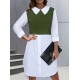 Women' S Long Sleeve Shirt Collar Bicolor Knitted Dress, 19319 Women' S Long Sleeve Shirt Collar Bicolor Knitted Dress, 19319