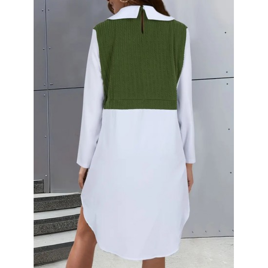 Women' S Long Sleeve Shirt Collar Bicolor Knitted Dress, 19319 Women' S Long Sleeve Shirt Collar Bicolor Knitted Dress, 19319