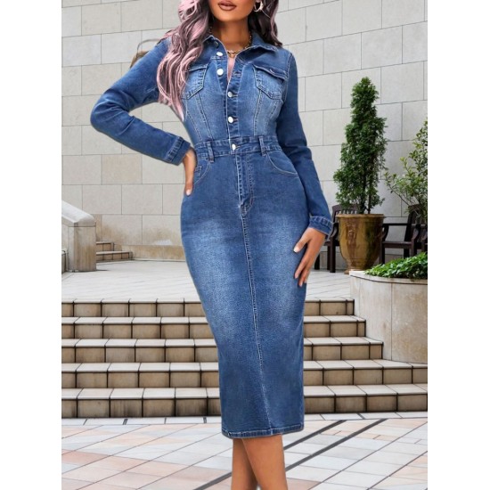 Women' S Long Sleeve Collar Button Front Pocket Denim Midi Dress , 19298 Women' S Long Sleeve Collar Button Front Pocket Denim Midi Dress , 19298