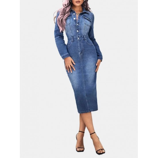 Women' S Long Sleeve Collar Button Front Pocket Denim Midi Dress , 19298 Women' S Long Sleeve Collar Button Front Pocket Denim Midi Dress , 19298