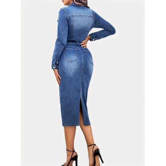 Women' S Long Sleeve Collar Button Front Pocket Denim Midi Dress , 19298 Women' S Long Sleeve Collar Button Front Pocket Denim Midi Dress , 19298