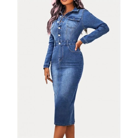 Women' S Long Sleeve Collar Button Front Pocket Denim Midi Dress , 19298 Women' S Long Sleeve Collar Button Front Pocket Denim Midi Dress , 19298