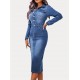 Women' S Long Sleeve Collar Button Front Pocket Denim Midi Dress , 19298 Women' S Long Sleeve Collar Button Front Pocket Denim Midi Dress , 19298