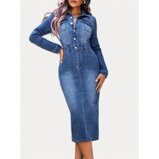Women' S Long Sleeve Collar Button Front Pocket Denim Midi Dress , 19298 Women' S Long Sleeve Collar Button Front Pocket Denim Midi Dress , 19298