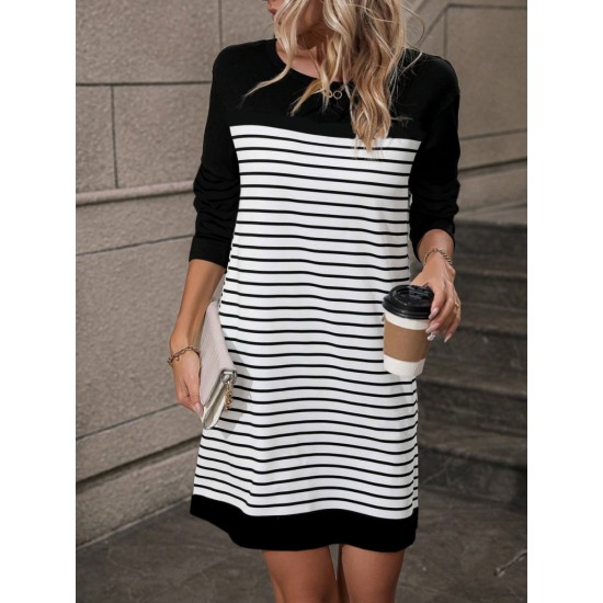 Kadın Bisiklet Yaka Uzun Kol çizgili Iki Iplik Kumaş Mini Boy Elbise, 19430 Kadın Bisiklet Yaka Uzun Kol çizgili Iki Iplik Kumaş Mini Boy Elbise, 19430