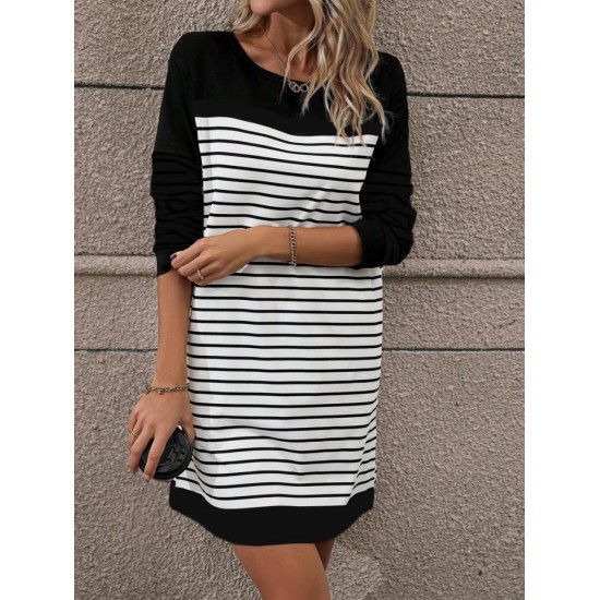 Kadın Bisiklet Yaka Uzun Kol çizgili Iki Iplik Kumaş Mini Boy Elbise, 19430 Kadın Bisiklet Yaka Uzun Kol çizgili Iki Iplik Kumaş Mini Boy Elbise, 19430