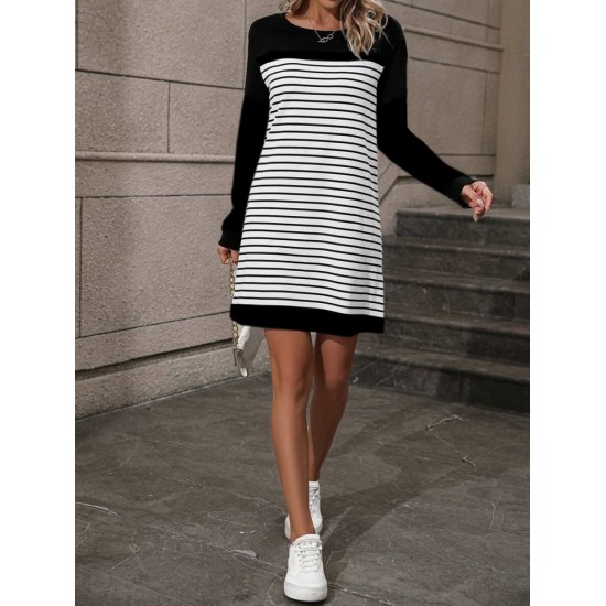 Kadın Bisiklet Yaka Uzun Kol çizgili Iki Iplik Kumaş Mini Boy Elbise, 19430 Kadın Bisiklet Yaka Uzun Kol çizgili Iki Iplik Kumaş Mini Boy Elbise, 19430
