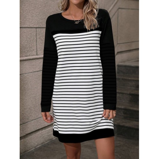 Kadın Bisiklet Yaka Uzun Kol çizgili Iki Iplik Kumaş Mini Boy Elbise, 19430 Kadın Bisiklet Yaka Uzun Kol çizgili Iki Iplik Kumaş Mini Boy Elbise, 19430