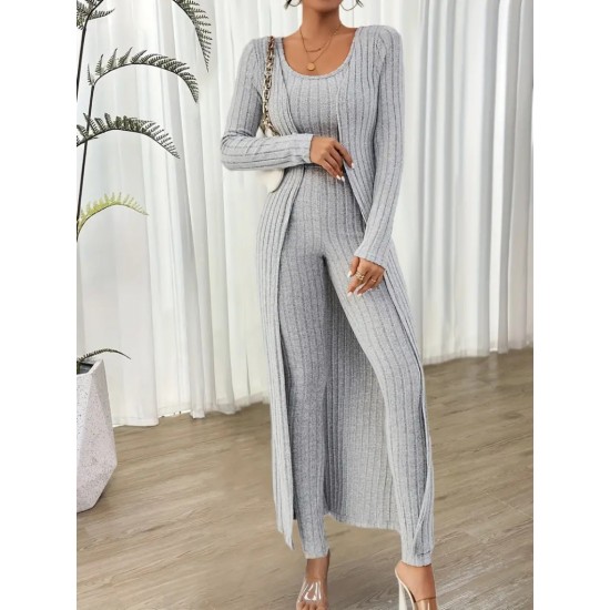 Women' S Round Neck Strappy Crop Blouse High Waist Leggings And Long Cardigan Camisole Three-piece Suit , 19761 Women' S Round Neck Strappy Crop Blouse High Waist Leggings And Long Cardigan Camisole Three-piece Suit , 19761