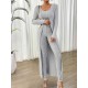 Women' S Round Neck Strappy Crop Blouse High Waist Leggings And Long Cardigan Camisole Three-piece Suit , 19761 Women' S Round Neck Strappy Crop Blouse High Waist Leggings And Long Cardigan Camisole Three-piece Suit , 19761