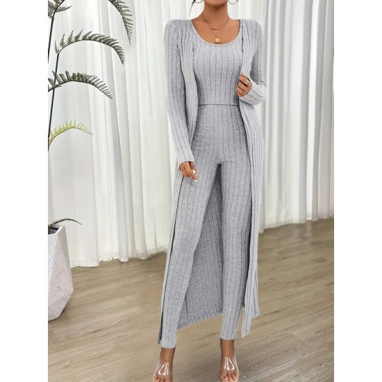 Women' S Round Neck Strappy Crop Blouse High Waist Leggings And Long Cardigan Camisole Three-piece Suit , 19761 Women' S Round Neck Strappy Crop Blouse High Waist Leggings And Long Cardigan Camisole Three-piece Suit , 19761