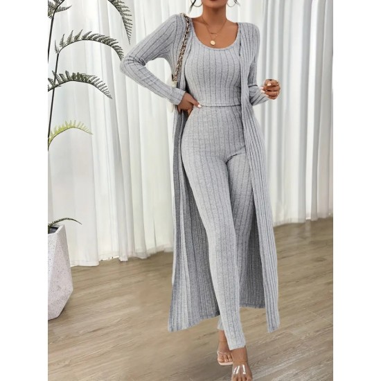 Women' S Round Neck Strappy Crop Blouse High Waist Leggings And Long Cardigan Camisole Three-piece Suit , 19761 Women' S Round Neck Strappy Crop Blouse High Waist Leggings And Long Cardigan Camisole Three-piece Suit , 19761