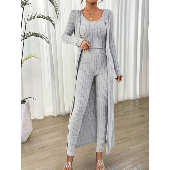 Women' S Round Neck Strappy Crop Blouse High Waist Leggings And Long Cardigan Camisole Three-piece Suit , 19761 Women' S Round Neck Strappy Crop Blouse High Waist Leggings And Long Cardigan Camisole Three-piece Suit , 19761