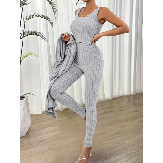 Women' S Round Neck Strappy Crop Blouse High Waist Leggings And Long Cardigan Camisole Three-piece Suit , 19761 Women' S Round Neck Strappy Crop Blouse High Waist Leggings And Long Cardigan Camisole Three-piece Suit , 19761