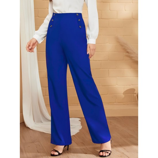 Women' S Button Detail Wide Leg Imported Crepe Trousers , 19967 Women' S Button Detail Wide Leg Imported Crepe Trousers , 19967
