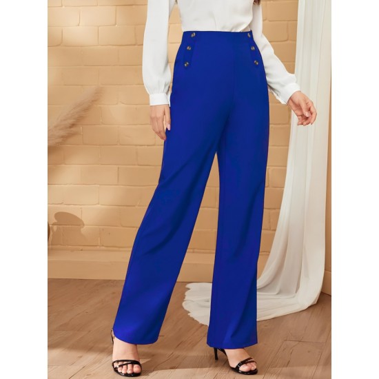 Women' S Button Detail Wide Leg Imported Crepe Trousers , 19967 Women' S Button Detail Wide Leg Imported Crepe Trousers , 19967