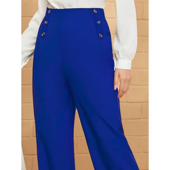 Women' S Button Detail Wide Leg Imported Crepe Trousers , 19967 Women' S Button Detail Wide Leg Imported Crepe Trousers , 19967