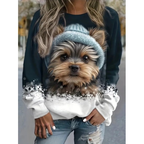 Kadın Uzun Kollu Bisiklet Yaka Köpek Baskılı şardonlu Dalgıç Bluz, 20289 Kadın Uzun Kollu Bisiklet Yaka Köpek Baskılı şardonlu Dalgıç Bluz, 20289