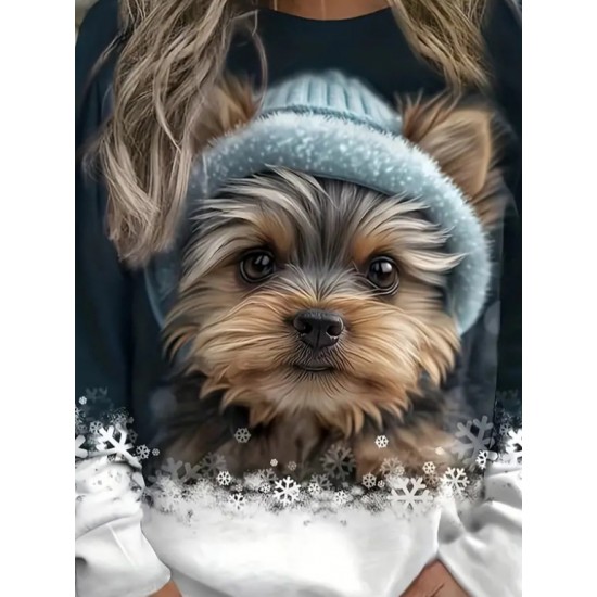 Kadın Uzun Kollu Bisiklet Yaka Köpek Baskılı şardonlu Dalgıç Bluz, 20289 Kadın Uzun Kollu Bisiklet Yaka Köpek Baskılı şardonlu Dalgıç Bluz, 20289