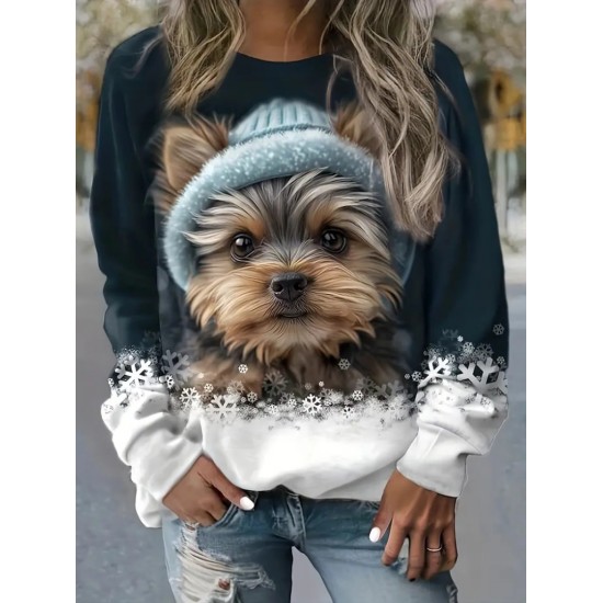 Kadın Uzun Kollu Bisiklet Yaka Köpek Baskılı şardonlu Dalgıç Bluz, 20289 Kadın Uzun Kollu Bisiklet Yaka Köpek Baskılı şardonlu Dalgıç Bluz, 20289