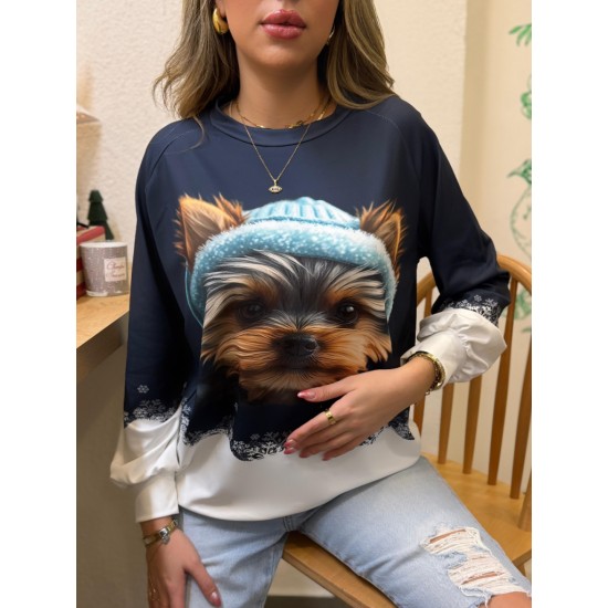 Kadın Uzun Kollu Bisiklet Yaka Köpek Baskılı şardonlu Dalgıç Bluz, 20289 Kadın Uzun Kollu Bisiklet Yaka Köpek Baskılı şardonlu Dalgıç Bluz, 20289