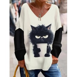 Kadın Uzun Kollu V Yakalı Kedi Baskılı şardonlu Dalgıç Bluz, 20422 Kadın Uzun Kollu V Yakalı Kedi Baskılı şardonlu Dalgıç Bluz, 20422