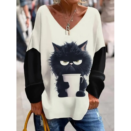Kadın Uzun Kollu V Yakalı Kedi Baskılı şardonlu Dalgıç Bluz, 20422 Kadın Uzun Kollu V Yakalı Kedi Baskılı şardonlu Dalgıç Bluz, 20422