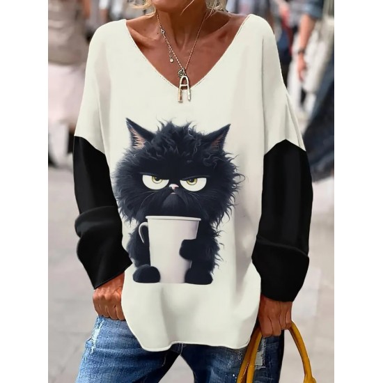 Kadın Uzun Kollu V Yakalı Kedi Baskılı şardonlu Dalgıç Bluz, 20422 Kadın Uzun Kollu V Yakalı Kedi Baskılı şardonlu Dalgıç Bluz, 20422