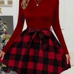 Kadın Uzun Kollu Bisiklet Yaka üst Viskon Alt Ekose Kısa Elbise , 19763