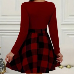 Kadın Uzun Kollu Bisiklet Yaka üst Viskon Alt Ekose Kısa Elbise , 19763