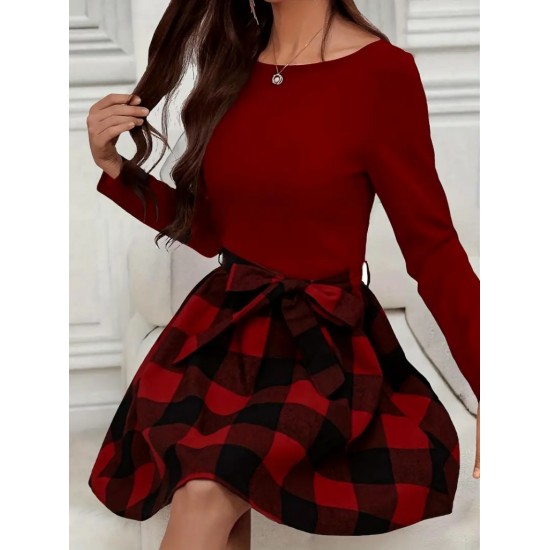 Kadın Uzun Kollu Bisiklet Yaka üst Viskon Alt Ekose Kısa Elbise , 19763 Kadın Uzun Kollu Bisiklet Yaka üst Viskon Alt Ekose Kısa Elbise , 19763