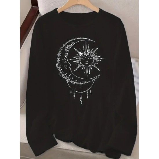 Women' S Long Sleeve Crew Neck Moon Printed Viscose Blouse , 20843 Women' S Long Sleeve Crew Neck Moon Printed Viscose Blouse , 20843
