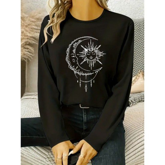 Women' S Long Sleeve Crew Neck Moon Printed Viscose Blouse , 20843 Women' S Long Sleeve Crew Neck Moon Printed Viscose Blouse , 20843