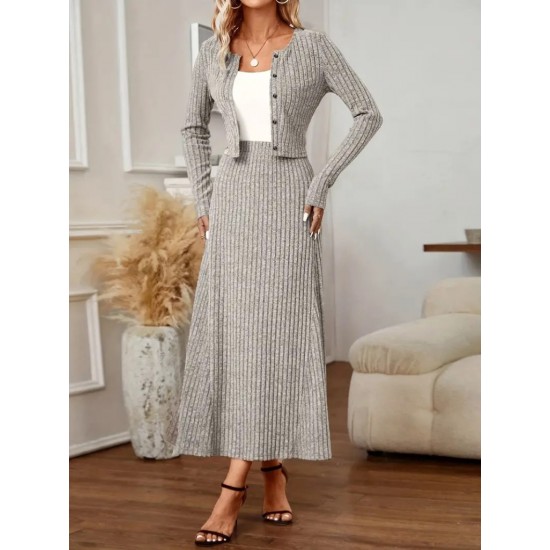 Women' S Long Sleeve Front Button Blouse And High Waist A-line Long Skirt With Tassel Camisole Two-piece Set , 20909 Women' S Long Sleeve Front Button Blouse And High Waist A-line Long Skirt With Tassel Camisole Two-piece Set , 20909