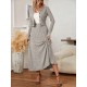 Women' S Long Sleeve Front Button Blouse And High Waist A-line Long Skirt With Tassel Camisole Two-piece Set , 20909 Women' S Long Sleeve Front Button Blouse And High Waist A-line Long Skirt With Tassel Camisole Two-piece Set , 20909