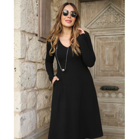 Kadın Uzun Kollu V Yakalı Salaş Midi Akrilik Elbise, 19198