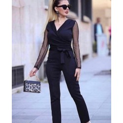 Kadın Uzun Kollu Kruvaze Yakalı Kolları Tül Detay Beli Kuşaklı Ithal Krep Tulum , 21295