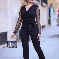 Kadın Uzun Kollu Kruvaze Yakalı Kolları Tül Detay Beli Kuşaklı Ithal Krep Tulum , 21295