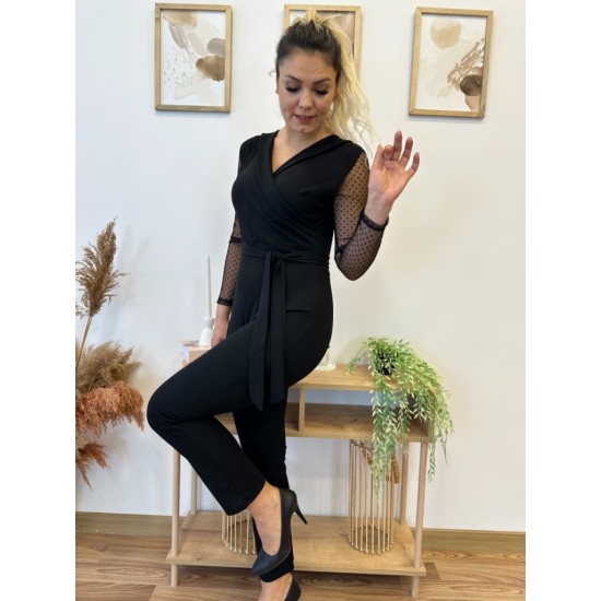 Kadın Uzun Kollu Kruvaze Yakalı Kolları Tül Detay Beli Kuşaklı Ithal Krep Tulum , 21295 Kadın Uzun Kollu Kruvaze Yakalı Kolları Tül Detay Beli Kuşaklı Ithal Krep Tulum , 21295