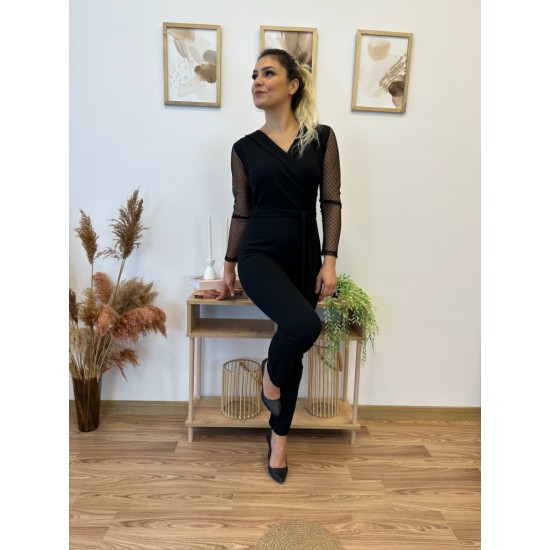 Kadın Uzun Kollu Kruvaze Yakalı Kolları Tül Detay Beli Kuşaklı Ithal Krep Tulum , 21295 Kadın Uzun Kollu Kruvaze Yakalı Kolları Tül Detay Beli Kuşaklı Ithal Krep Tulum , 21295