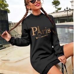 Kadın Uzun Kollu Bisiklet Yaka Yazılı Kısa Viskon Iki Iplik Elbise, 21226