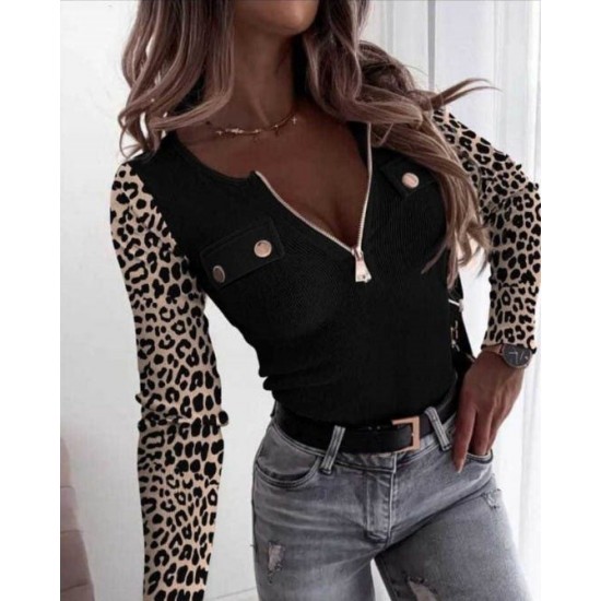 Kadın Uzun Kollu Leopar Desenli Fermuarlı önden Cep Ve Düğme Detaylı Kaşkorse Bluz, 21482 Kadın Uzun Kollu Leopar Desenli Fermuarlı önden Cep Ve Düğme Detaylı Kaşkorse Bluz, 21482