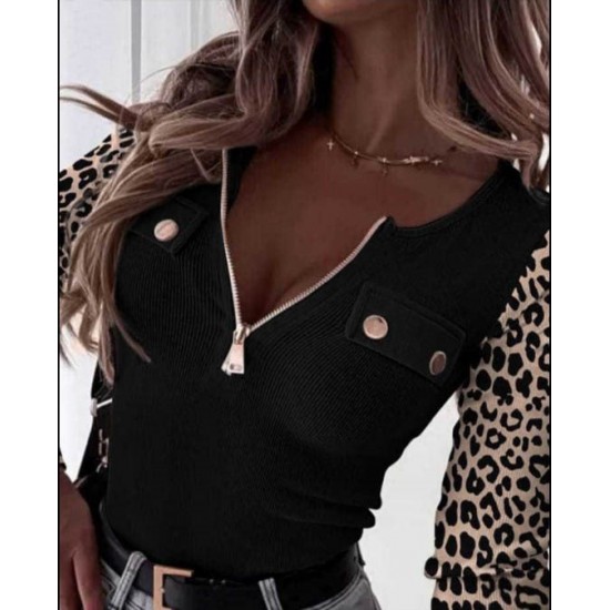 Kadın Uzun Kollu Leopar Desenli Fermuarlı önden Cep Ve Düğme Detaylı Kaşkorse Bluz, 21482 Kadın Uzun Kollu Leopar Desenli Fermuarlı önden Cep Ve Düğme Detaylı Kaşkorse Bluz, 21482