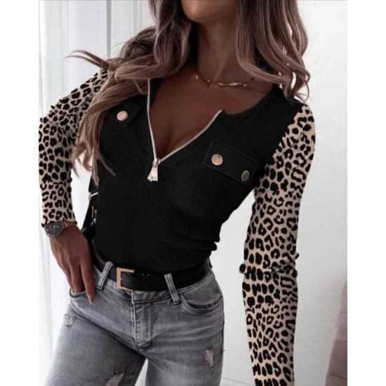 Kadın Uzun Kollu Leopar Desenli Fermuarlı önden Cep Ve Düğme Detaylı Kaşkorse Bluz, 21482 Kadın Uzun Kollu Leopar Desenli Fermuarlı önden Cep Ve Düğme Detaylı Kaşkorse Bluz, 21482