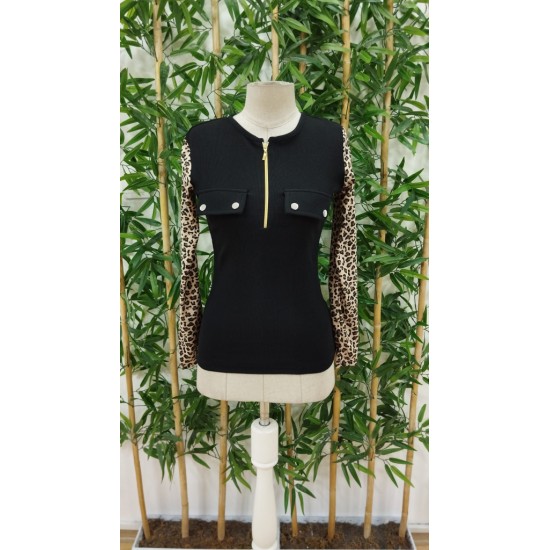 Kadın Uzun Kollu Leopar Desenli Fermuarlı önden Cep Ve Düğme Detaylı Kaşkorse Bluz, 21482 Kadın Uzun Kollu Leopar Desenli Fermuarlı önden Cep Ve Düğme Detaylı Kaşkorse Bluz, 21482