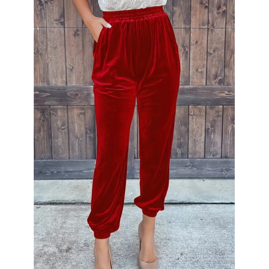 Women' S High Waist Elasticated Pocket Detail Velvet Trousers , 21627 Women' S High Waist Elasticated Pocket Detail Velvet Trousers , 21627