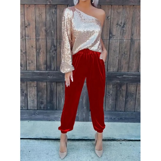 Women' S High Waist Elasticated Pocket Detail Velvet Trousers , 21627 Women' S High Waist Elasticated Pocket Detail Velvet Trousers , 21627