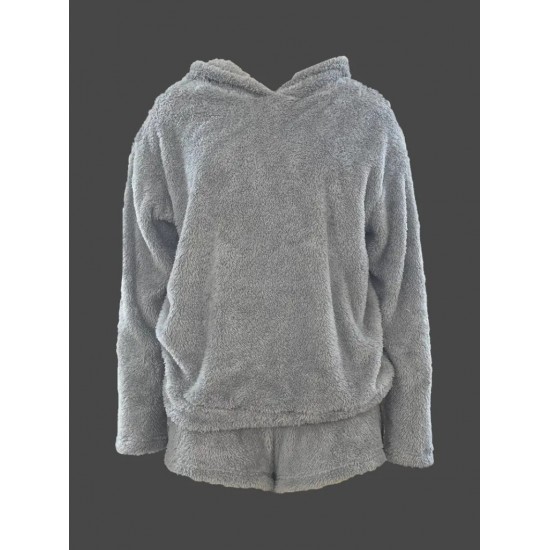 Kadın Uzun Kollu Kapşonlu Peluş Bluz Ve Kısa Short Ikili Takım , 22029 Kadın Uzun Kollu Kapşonlu Peluş Bluz Ve Kısa Short Ikili Takım , 22029