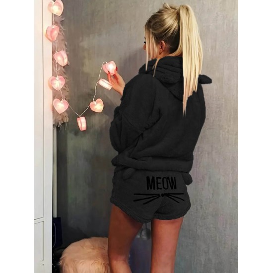 Kadın Uzun Kollu Kapşonlu Peluş Bluz Ve Kısa Short Ikili Takım , 22031 Kadın Uzun Kollu Kapşonlu Peluş Bluz Ve Kısa Short Ikili Takım , 22031