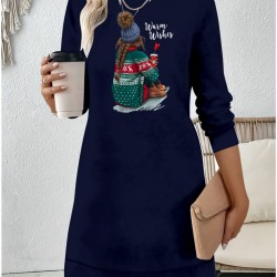 Kadın Uzun Kollu Bisiklet Yaka Desenli Viskon Iki Iplik Elbise , 22081